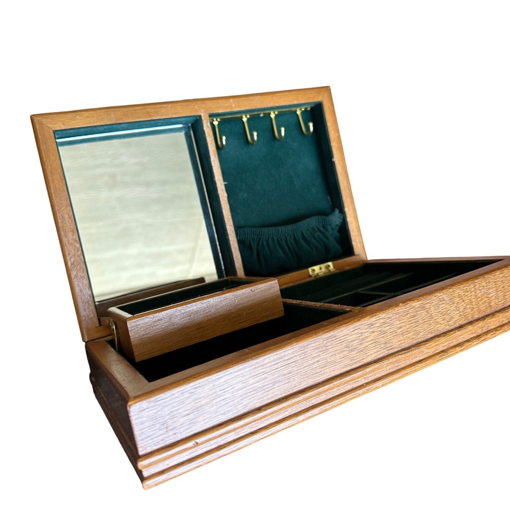 Vintage Powell Wood Jewelry Box Green Velvet Lining Mirror Necklace Hooks Taiwan